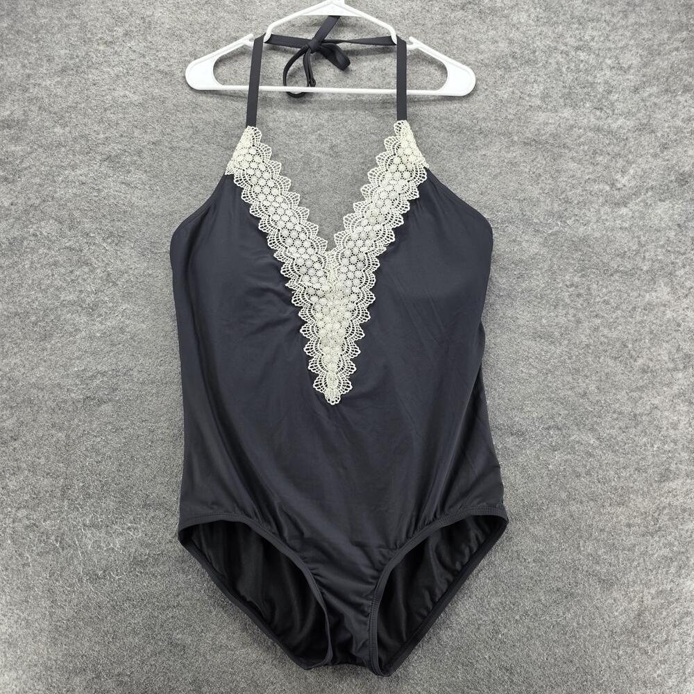 Sea Angel Swimsuit Womens 1X Black One Piece Lace Trim Plunge Halter Plus Size